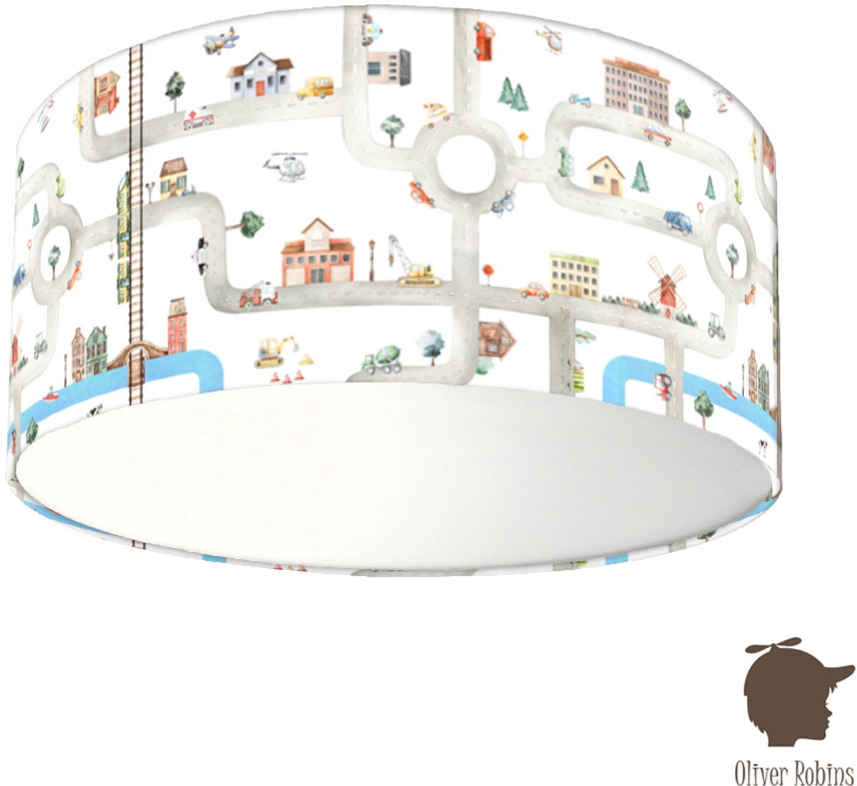Plafondlamp City of Vehicles Oliver Robins-sfeerverlichting-kinderkamer-autoweg-auto's-incl diffuser-incl plafondfitting