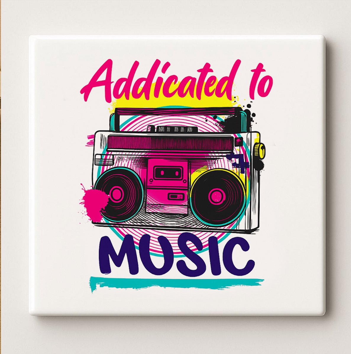 Nevolis Addicted to Music Retro Tegel – 15x15 cm Decoratieve Muurtegel voor Muziekliefhebbers, Vintage Boombox Ontwerp Multi Color
