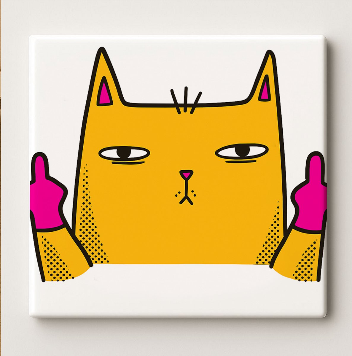 Nevolis Grappige Brutale Kat Kunsttegel – 15x15 cm Keramische Wanddecoratie met Attitude – Stoer en Humoristisch Cadeau voor Kattenliefhebbers Multi Color
