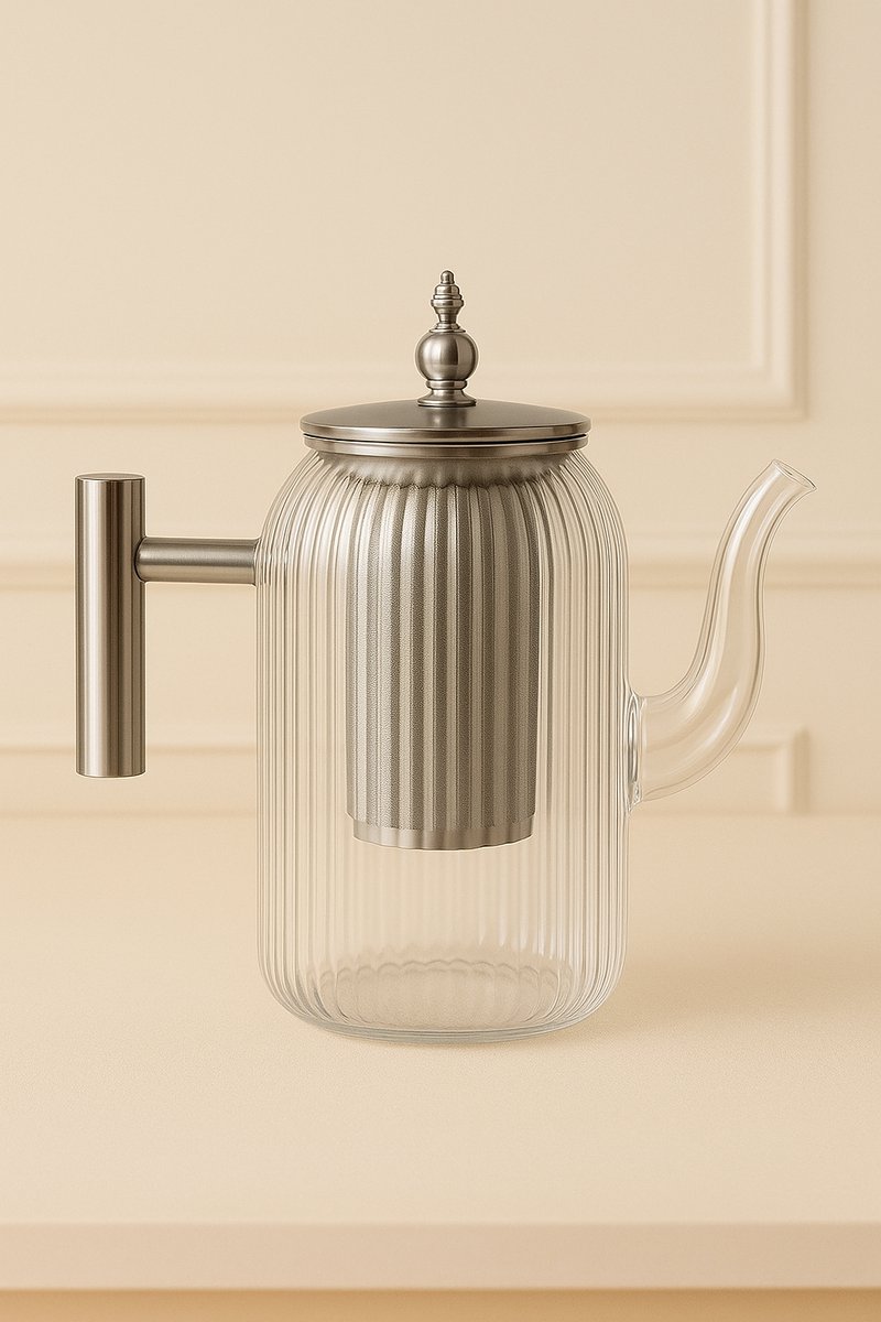 Almina Theepot met Zeef - Zilver Accenten - Glas - 800ml - Met Deksel - Geribbeld - Design