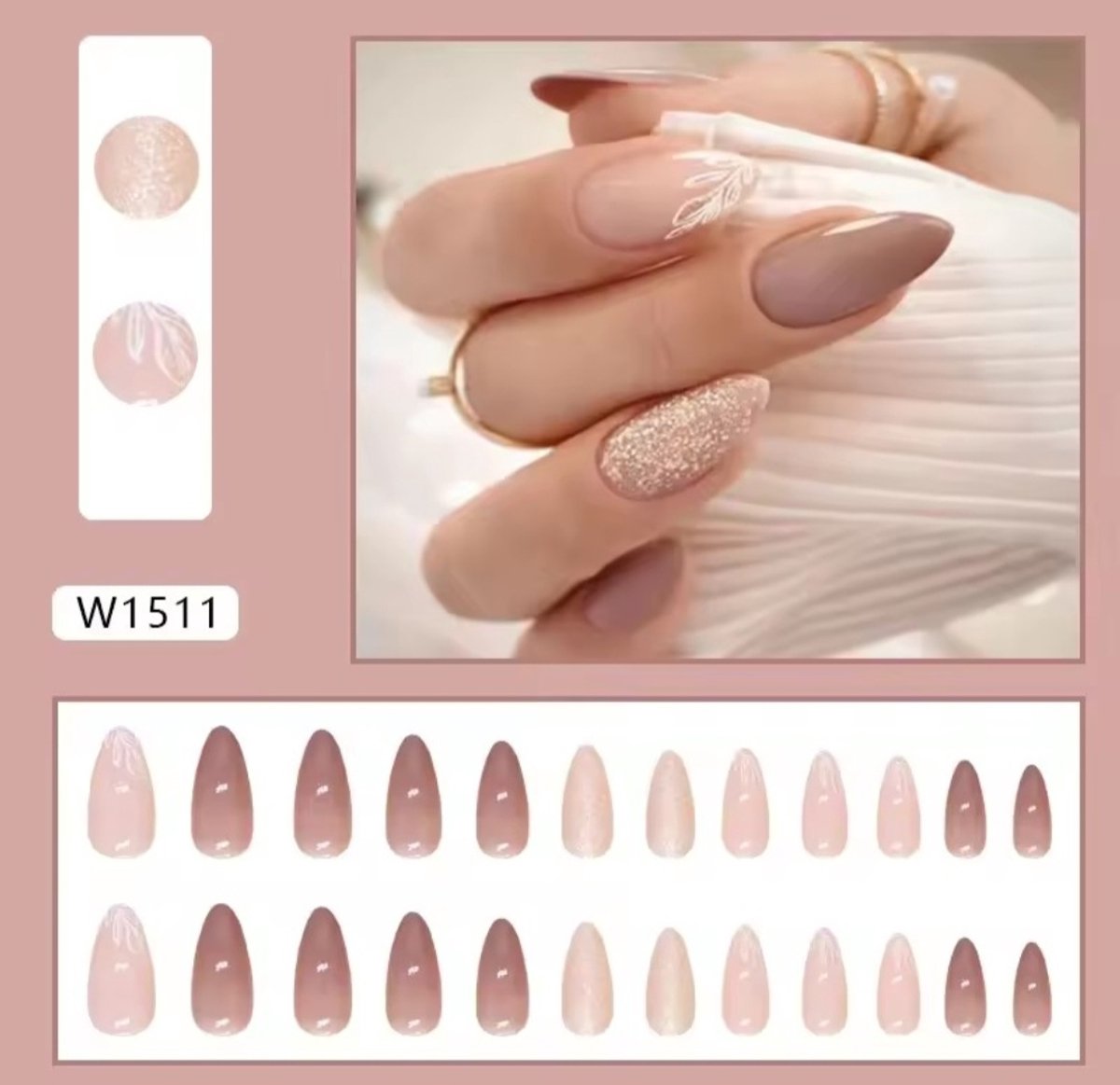 Set van 24 kunstnagels Pink Taupe flower