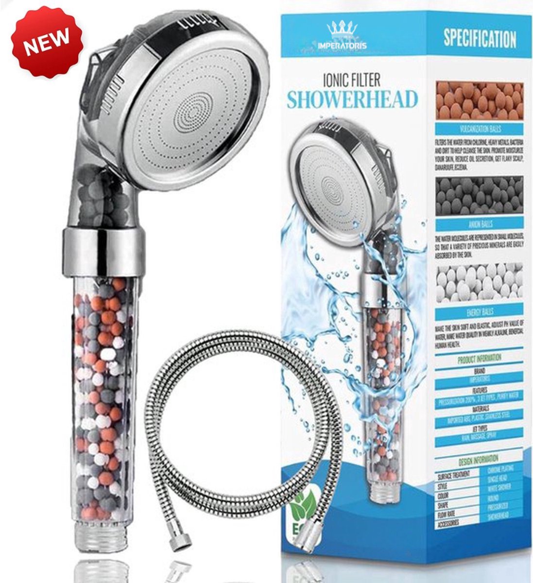 Imperatoris | Ionische Douchekop - Waterbesparende Douche kop - Handdouche met Hoge druk en Filter - Regendouche - Met Slang