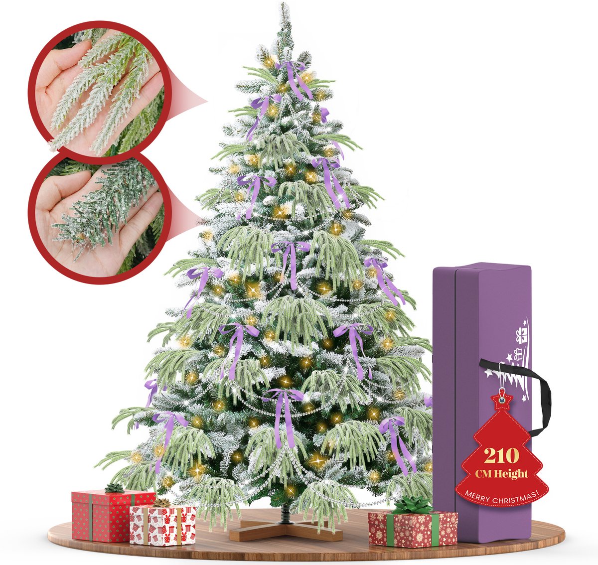 210 cm Kunstkerstboom, PVC + PE Groene Kerstboom, kunstmatige Spar Met LED-Verlichting, Sneeuwbedekking, Decoratieve Accessoires, Beschermende Handschoenen, Opbergtas, Houten Standaard