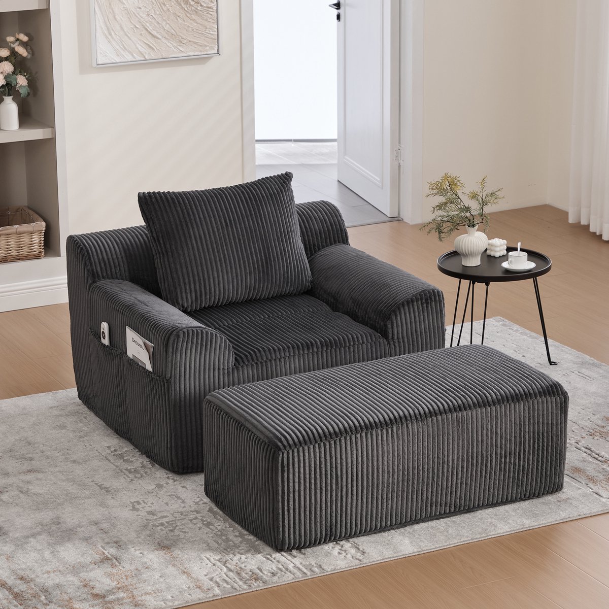 Extreem grote luie stoel met opstapjes, leunstoel van kordfluweel met zijzakken en kussen, diepe zitting, moderne gepolsterde fauteuil, zachte relaxstoel zonder harde randen, geen montage vereist- Grijs