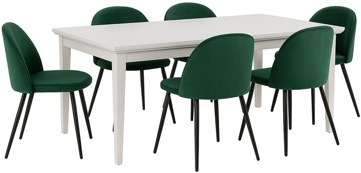 Venedig eethoek eettafel wit 95x180/276 met 2 stuks extra plaat 6 stoelen velours groen.