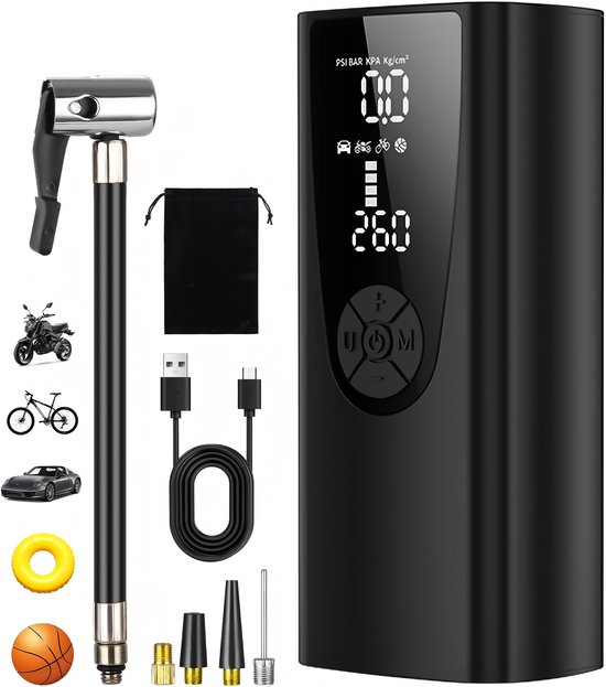 Pompe à air électrique, pompe à air rechargeable 6000 mAh 150 PSI, (Set, 1 pièce), avec lumière USB/ LED, sert également de lampe de poche et de banque d'alimentation