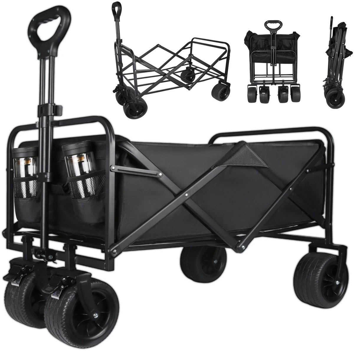 NaevaMi Bolderkar Opvouwbaar - All-Terrain Strandwagen - Bolderkar voor Kinderen, Kamperen, Boodschappen en naar het Strand - Opvouwbare Trolley met Wielen - Draagvermogen 150kg - 150L Inhoud - Zwart/Grijs