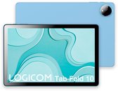 Blauwe LOGICOM Tab Fold 10 tablet met voorkant en achterkant getoond. Scherm toont abstracte blauwe en groene vormen met de tekst 'LOGICOM Tab Fold 10'.