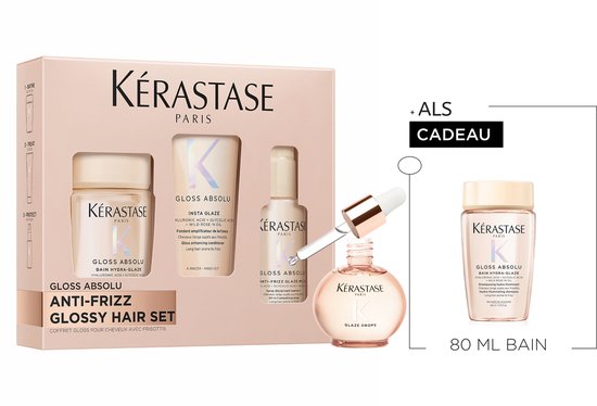 Kérastase Gloss Absolu Anti-Frizz Discovery Set & Glaze Drops + 2 Cadeaus - Shampoo 80ml & Conditioner 75ml, Spray 80ml & Haarolie 45 ml + Shampoo 80ml Cadeau - Voor Lang Haar Gevoelig Voor Pluis - Giftset vrouw - Geschenkset vrouwen