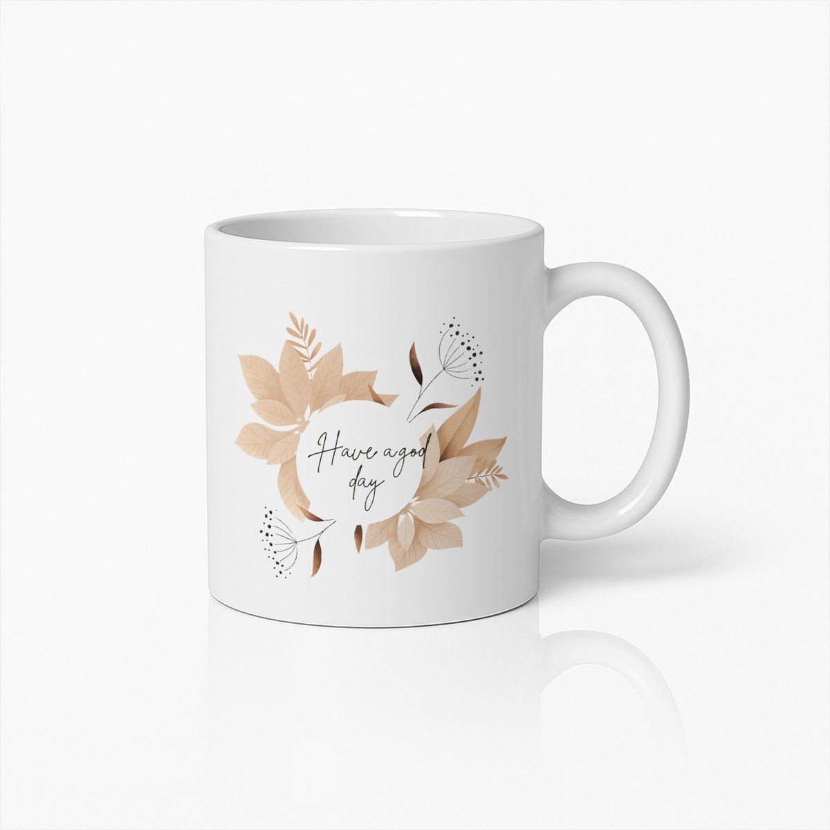 Witte Mok 330ml – “Have a Good Day” Elegante Bloemenstijl Koffiebeker