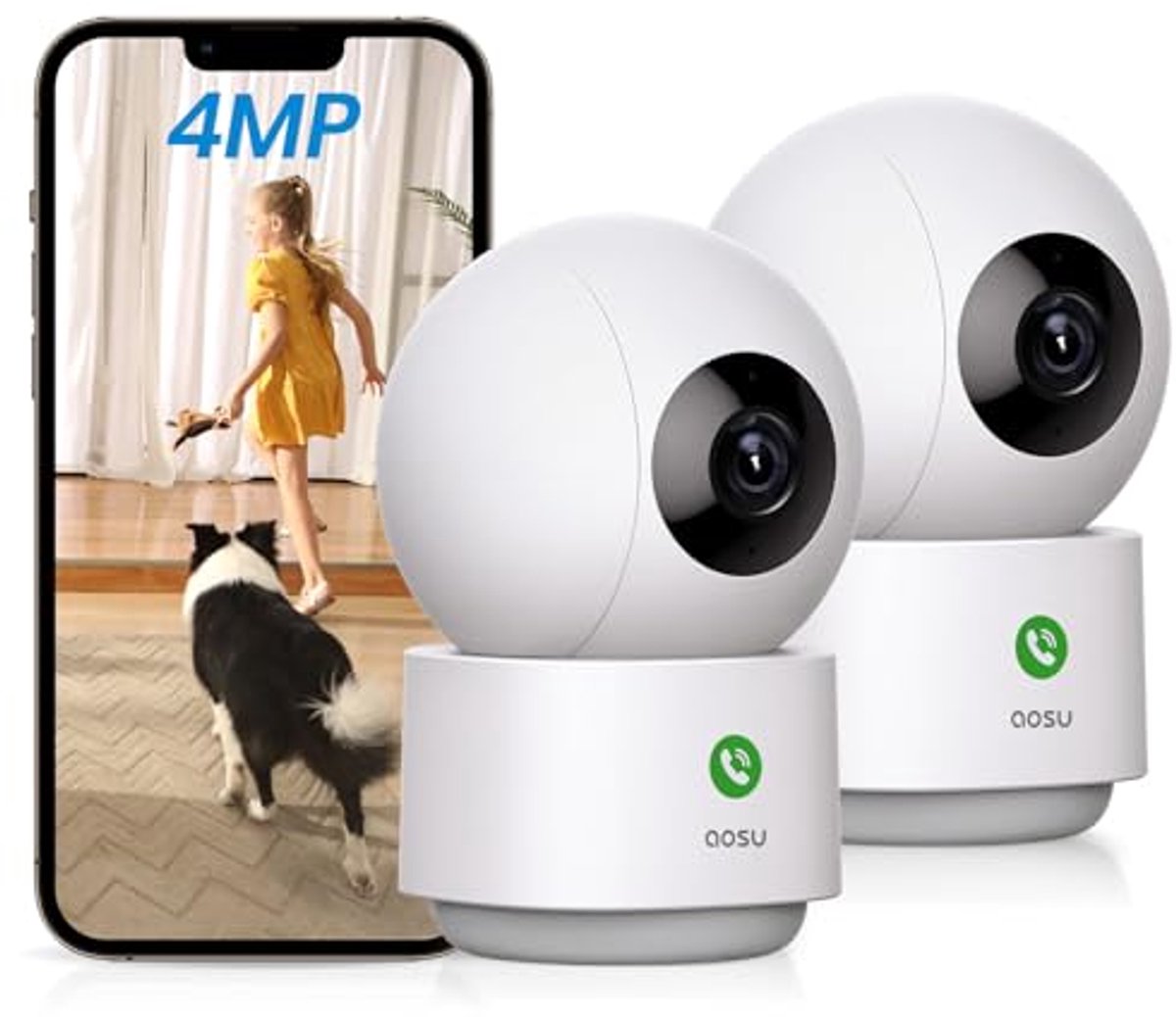 AOSU 4 MP bewakingscamera voor binnen, 2,5 K, babyfoon, huisdiercamera, 360° voor thuisbeveiliging, wifi-camera met 5/2,4 GHz wifi-router, One-Touch Call, Smart Motion Tracking (2 stuks)