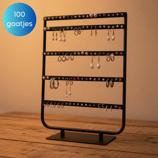 Janse® Metalen Sieradenrek met 100 gaatjes - Stevige sieraden organizer - Sieradenhouder - Oorbellen standaard - Oorbellenrekje - Sieraden standaard - Sieraden display - Juwelen houder - Zwart