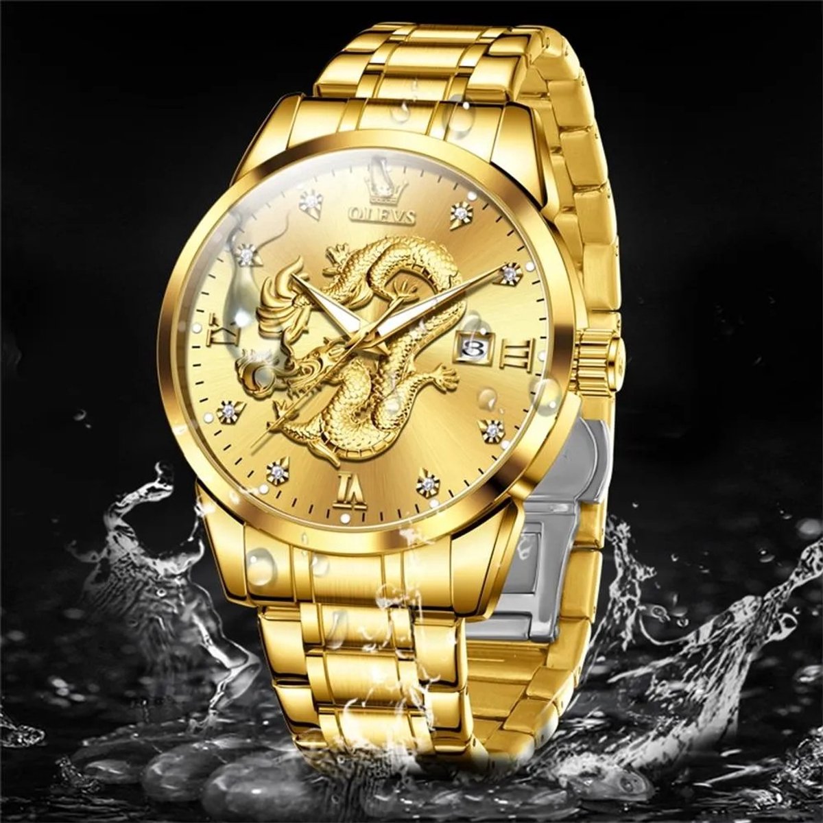 HO-3619.g : Olevs goudkl edelstaal quartz horloge, gouden Draak Tenglong Feilong, kalenderdag