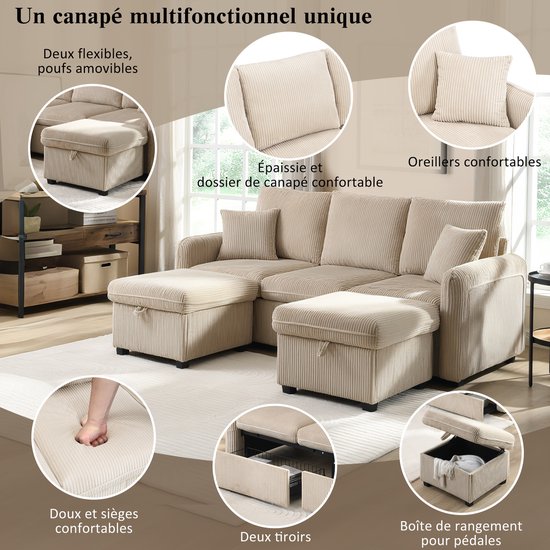 Canapé d'angle multifonctionnel en forme de U trois places avec rangements (tiroirs inclus), pouf avec compartiment de rangement, canapé modulable et démontable avec fonction couchage, revêtement en velours côtelé.