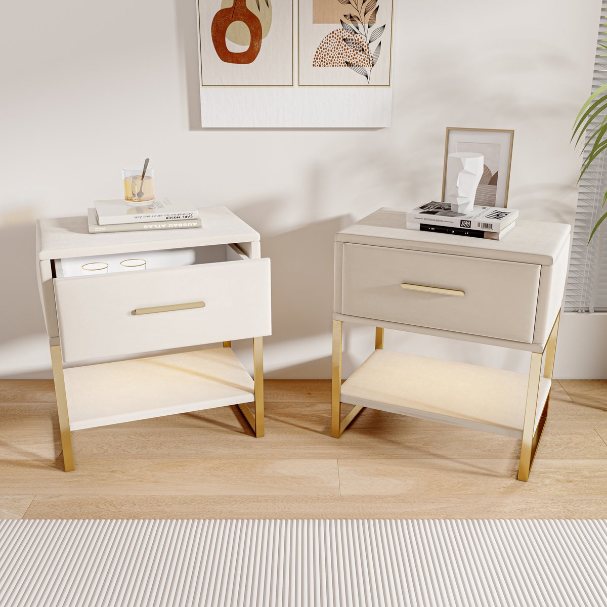 Set van 2 Nachtkastje met 1 lades, metalen tafelpoten, ladekast, smalle kast, ladekast, slaapkamer, 40x31x50cm, moderne, simplicistische stijl voor slaapkamer, kinderkamer, woonkamer, beige