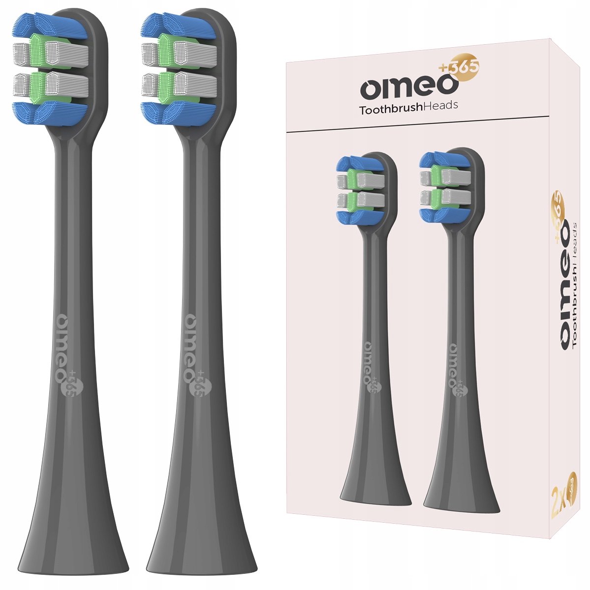 OMEO +365 - Opzetborstels - 2 stuks - Teeth & Face - Sonische tandenborstel - Zwart - Grijs