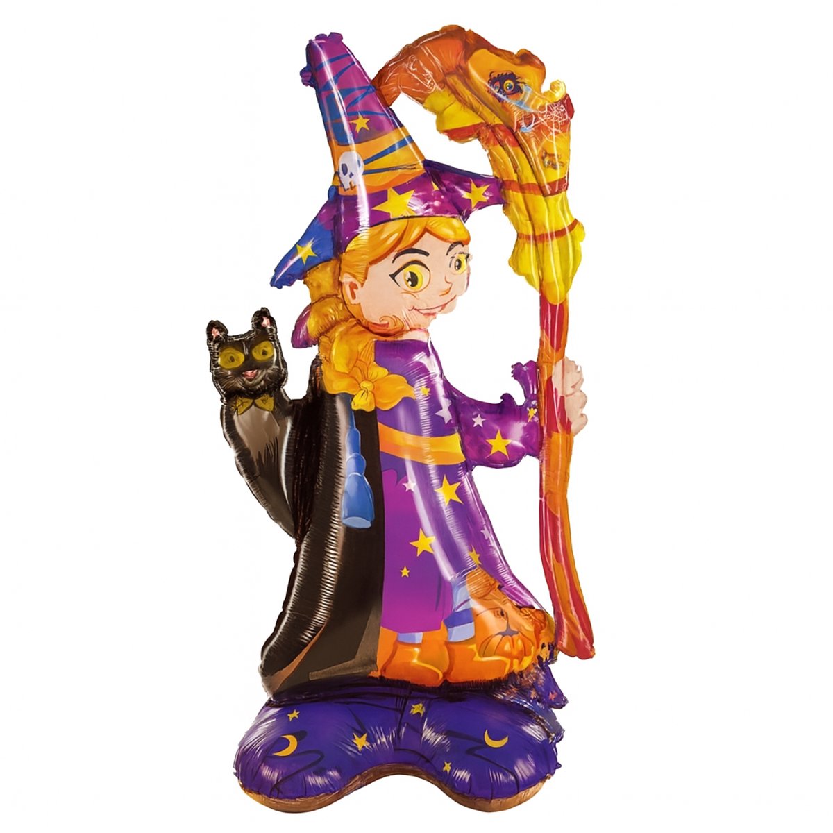 Grote Halloween Folieballon Heks – Zelf staand Opblaasbaar Halloweenfiguur – 120 cm Hoog – Grote Decoratie met Staf en Kat
