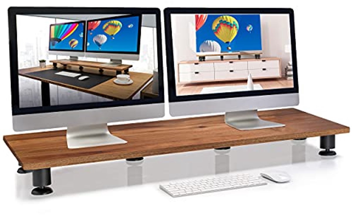 Houten Zwart Dubbele Monitor Riser - Premium Handgemaakt Houten Bureau Organiser voor Computer en TV met Opbergruimte