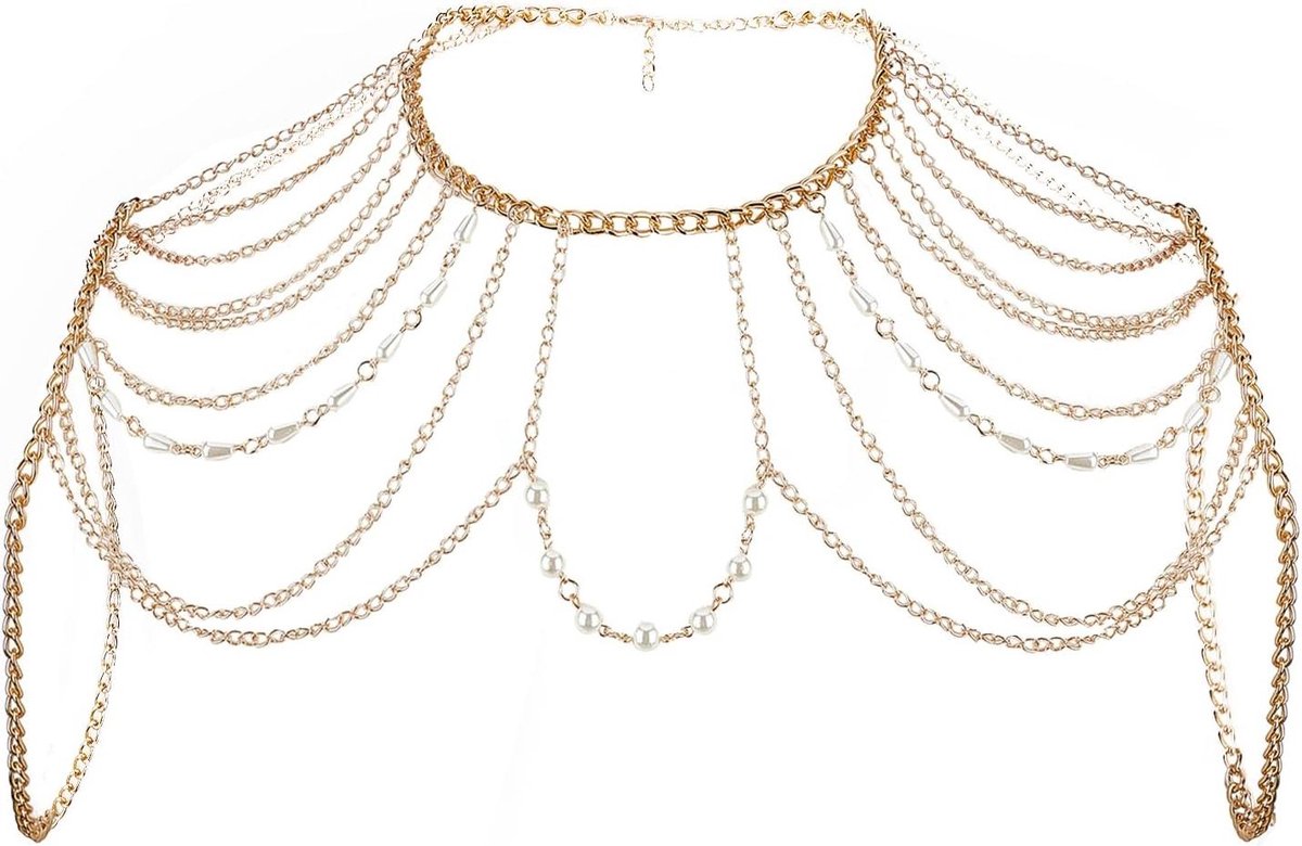JHubers Goods - Parels schouderketting gouden bruidsschoudertuig, boho lichaamsketting - feest accessoire voor vrouwen