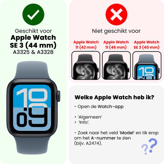 Donkergrijze Apple Watch SE 3 (44 mm) met blauw display. Geschikt voor model A3325 & A3328. Niet geschikt voor andere modellen.
