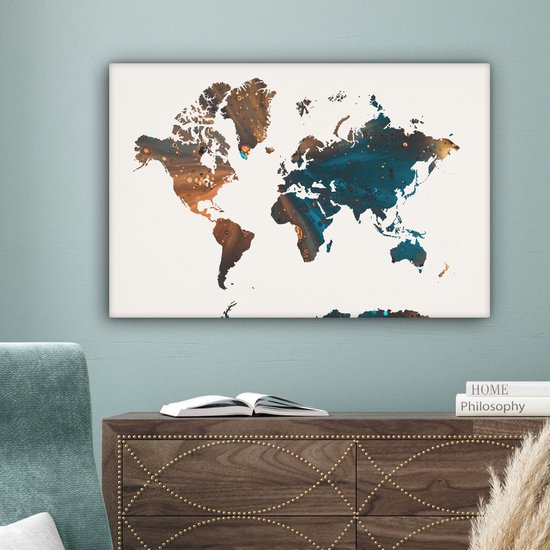 Wereldkaart en peinture bleu foncé et orange sur fond rose 60x40 cm