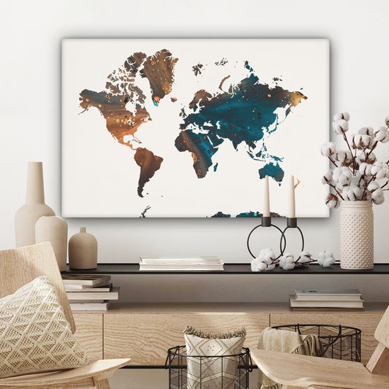 Wereldkaart en peinture bleu foncé et orange sur fond rose 60x40 cm