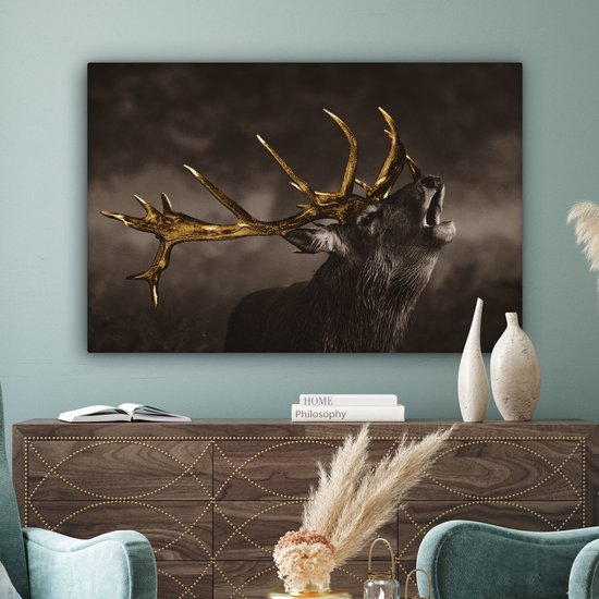 Toile Peinture Cerf - Noir - Or - 120x80 cm - Décoration murale