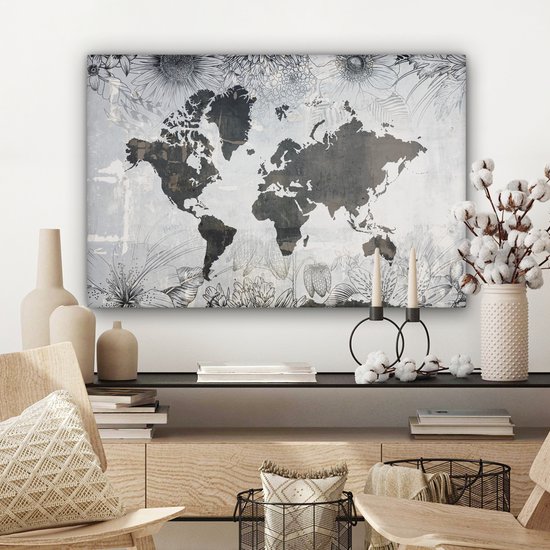 Wereldkaart avec motif béton gris foncé décorée d'illustrations de fleurs 90x60 cm