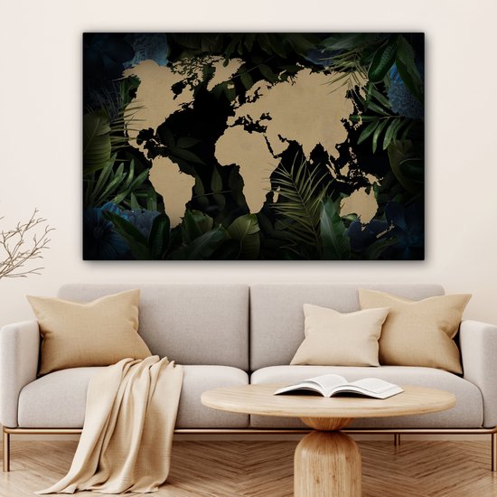 Carte du monde couleur sable sur fond noir, encadrée de feuilles et fleurs bleues 120x80 cm