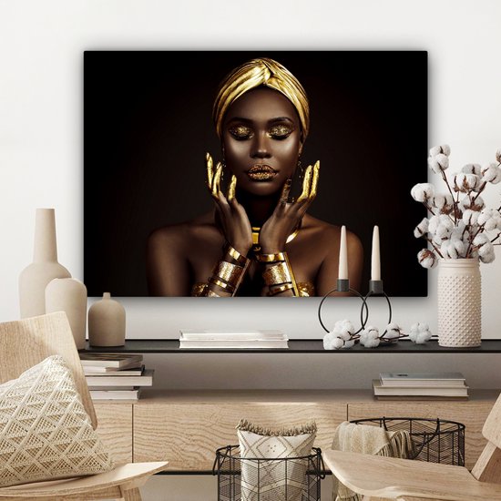 Canvas Schilderij 80x60 cm - Vrouw - Abstract - Goud - Portret - Wanddecoratie slaapkamer - Muurdecoratie woonkamer - Kamer decoratie - Wanddoek interieur binnen - Vrouwen schilderijen