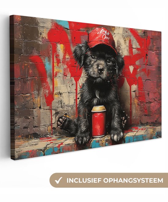 Canvas Schilderij 120x80 cm - Graffiti - Hond - Pet - Puppy - Rood - Street art - Dier - Wanddecoratie slaapkamer - Muurdecoratie woonkamer - Interieur decoratie - Schilderijen