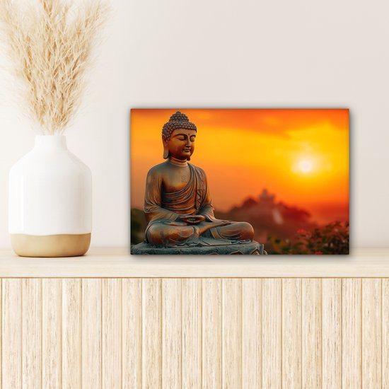 Peinture sur toile 30x20 cm - Bouddha - Image - Coucher de soleil - Bouddha - Zen - Japon - Décoration murale - Décoration murale salon - Décoration chambre - Tissu mural intérieur - Accessoires de maison