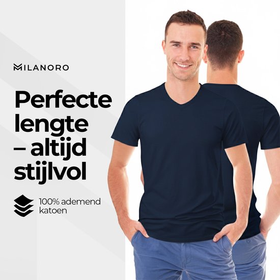 Milanoro - Lot de 4 T-shirts extra-longs en coton - Bleu marine - Col V- M