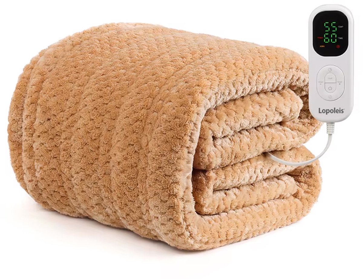 Lopoleis Elektrische Deken – verwarmingsdeken – warmtemat – infrarood verwarming – Warmtekussen – Elektrische Plaid – Elektrische Knuffeldeken – Micropluche – 150W – 180 x 150 cm – Twin Size – Fleece deken – Flanel & sherpa – Bruin