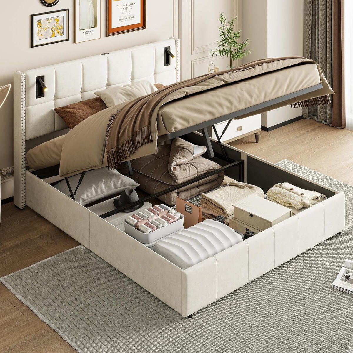 Tweepersoonsbed met lades van 140 x 200 cm - Hydraulisch bed met leeslamp en lattenbodem -