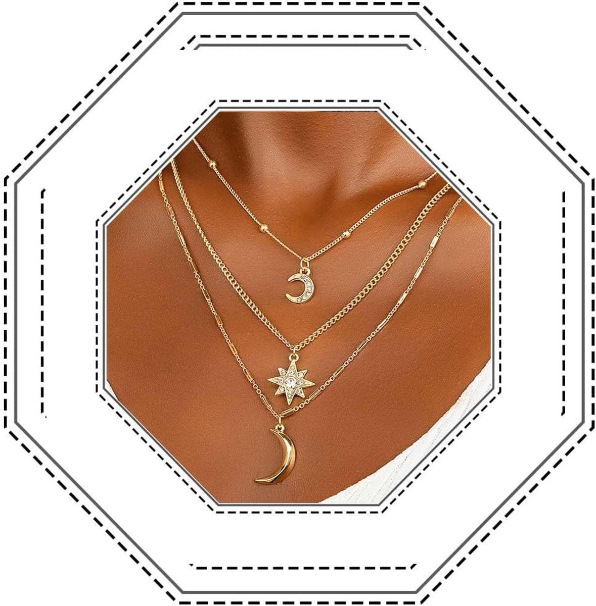 JHubers Goods - Boho Maan en Ster Kettingen Gelaagde in Goud met Kristal Hanger en Accessoires voor Vrouwen met Kunststof - Trendy Sieraden met Maantjes en Sterren - Eén Maat
