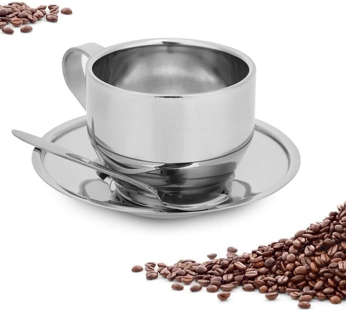 JHubers Goods - Roestvrijstalen Koffiekopje voor Espresso en Cappuccino - Theekopset Met Lepel en Schotel - Duurzaam Metalen Espressokopje