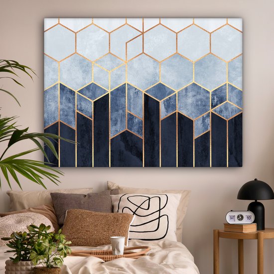 Toile Peinture Hexagone - Gold - Luxe - Motifs - 160x120 cm - Décoration murale XXL