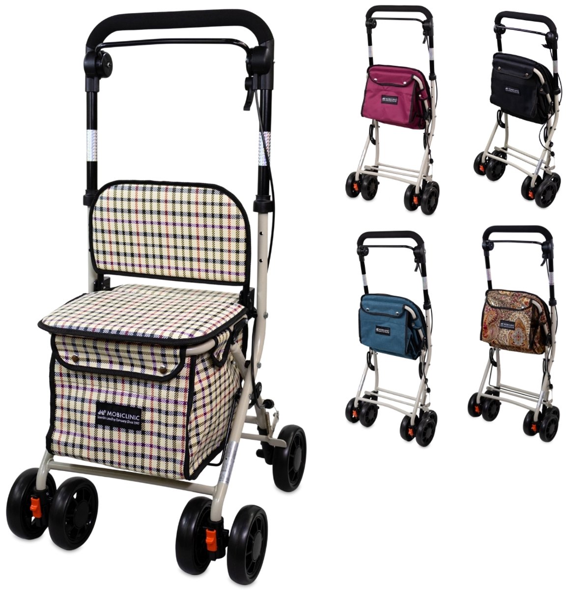 Mobiclinic Coliseo - Boodschappentrolley - Rollator - Met zitje - Shopper rollator - Inklapbare rollator - 19 L - 4 wielen - Gepolsterde zitting - Boodschappen rollator - Met Remsysteem - Geruit