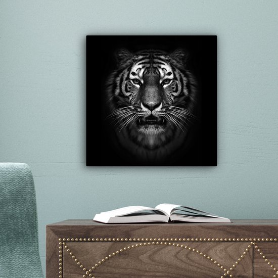 Toile - Animaux - Tigre - Nature - Zwart - Wit - Photo sur toile - 20x20 cm - Toile entoilée - Décoration de la maison
