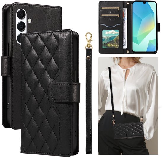 Portefeuille noir à motif matelassé, avec porte-cartes, dragonne et cordon.