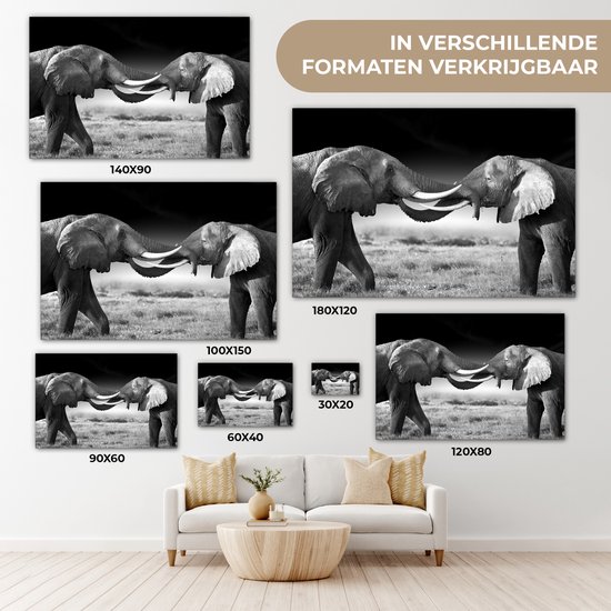 Tableau sur toile - Animaux sauvages - Éléphants - Zwart - Wit - Salon - 90x60 cm - Décoration murale - Décoration de la maison