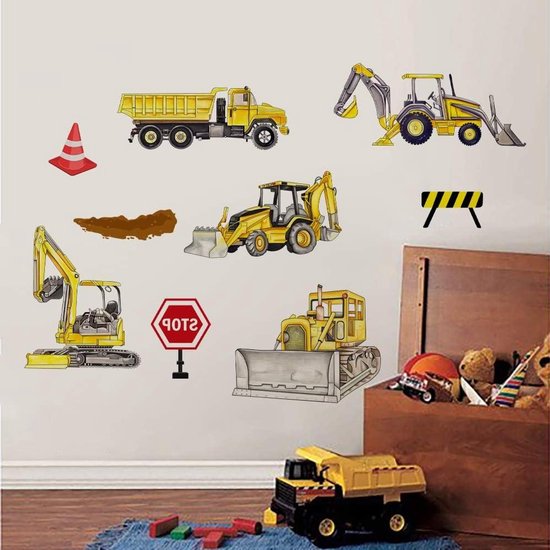 Muursticker van graafmachines, bulldozer, laadtruck en een heftruck - Werkvoertuigen Muursticker van graafmachines, bulldozer, laadtruck en een heftruck - Werkvoertuigen
