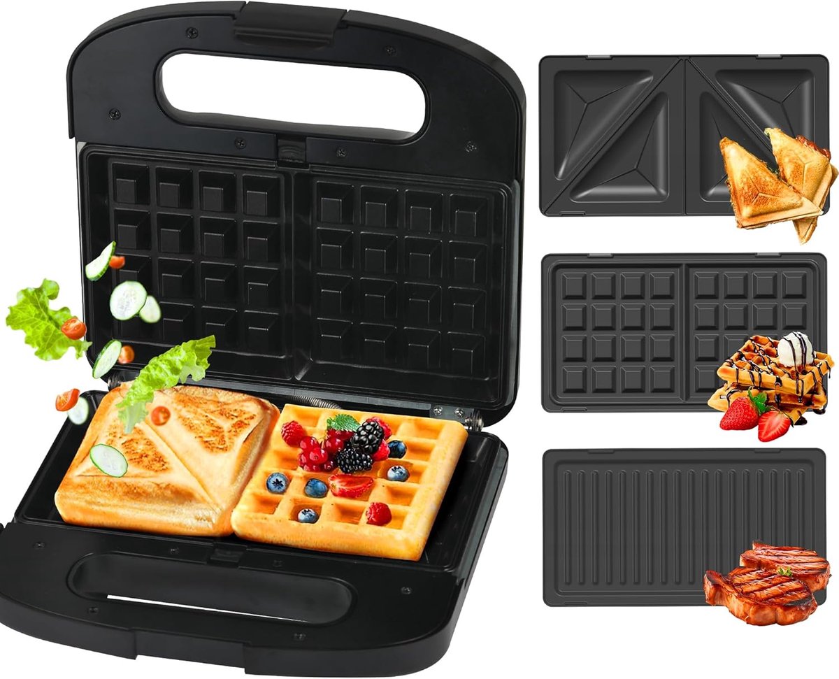3-in-1 Sandwichmaker met Verwisselbare Platen - Grill, Wafelijzer en Broodrooster - 1000 W