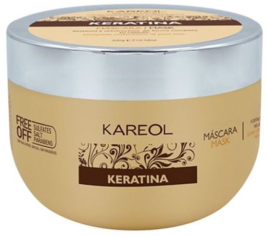 Kareol Keratine masker, 300 gram. Gouden pot met bruin label en tekst 'KERATINA MASCARA'. Links een sticker 'FREE SULFATES SALT PARABENS'.