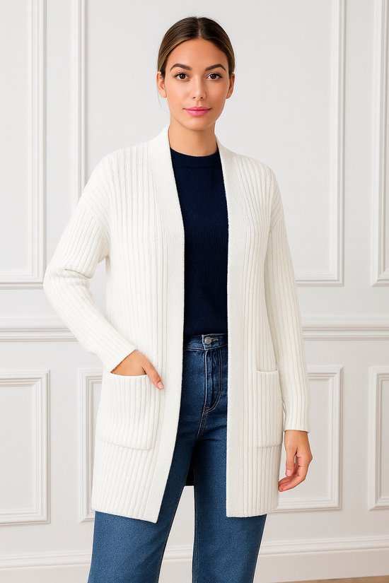 ASTRADAVI Dames Mode - Mooi ribgebreid vest met 2 zakken - One Size - Wit