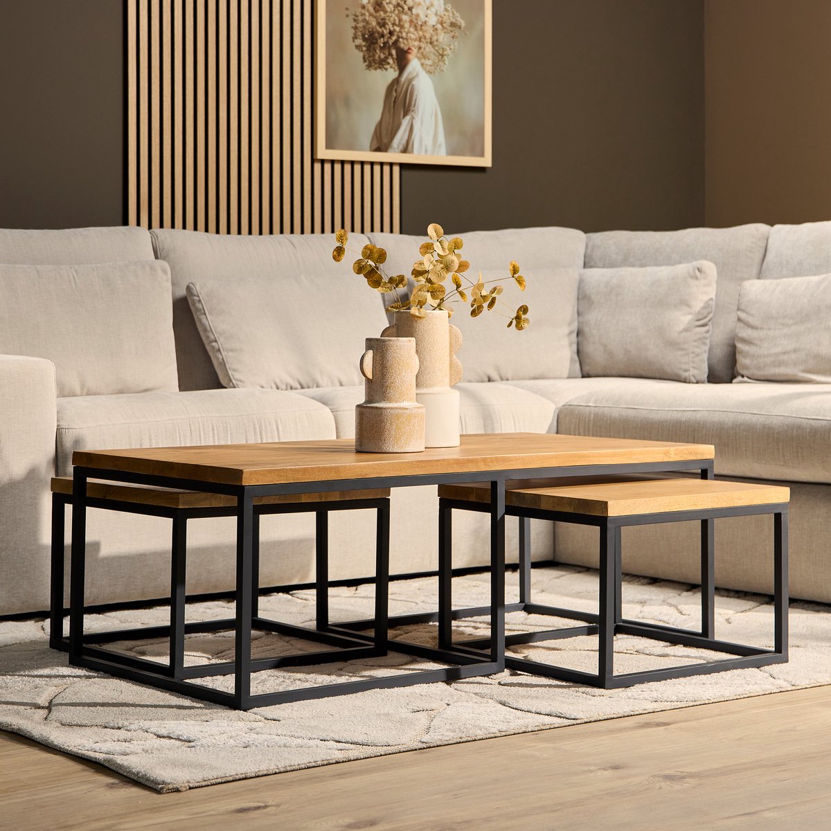 Meubels4nu - Salontafel set - 120cm - Set van 3 - Mangohout - Rechthoek - Bijzettafel - Voortafel - Koffietafel - Verschillende hoogtes - Snelle levering
