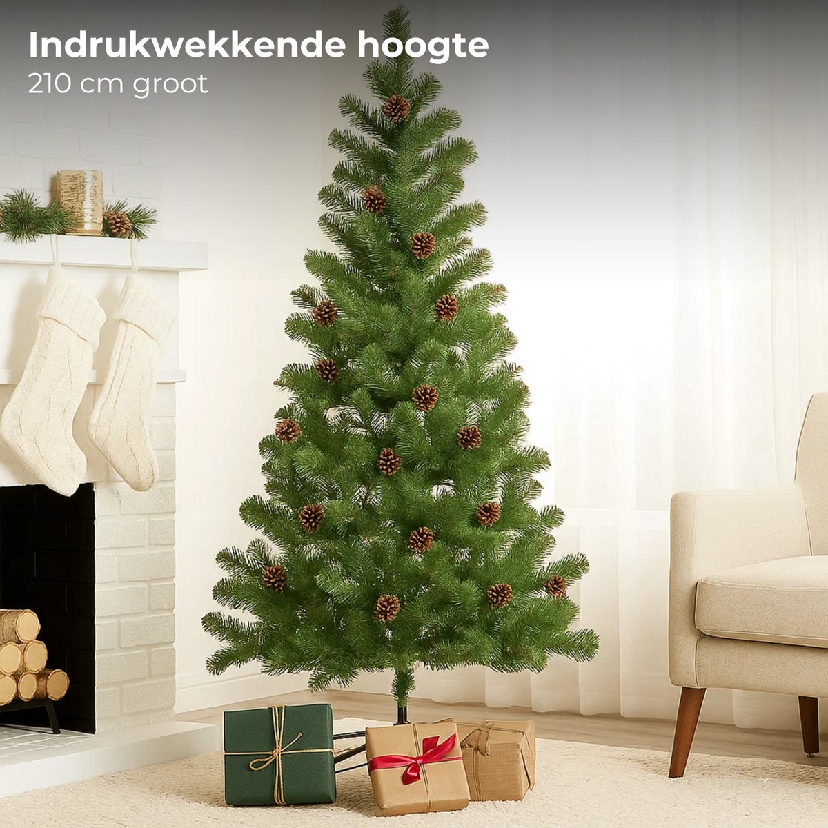 Lomera Kunstkerstboom 210 CM - Grote Kunstkerstboom - 980 Toppen Kerstboom - Metalen Standaard Kerstboom - Kerstboom Zonder Naalden - Duurzame Kerstboom - Kerstboom met 56 Dennenappels - Kerstboom - Denneboom - Kerst Boom – foto 3