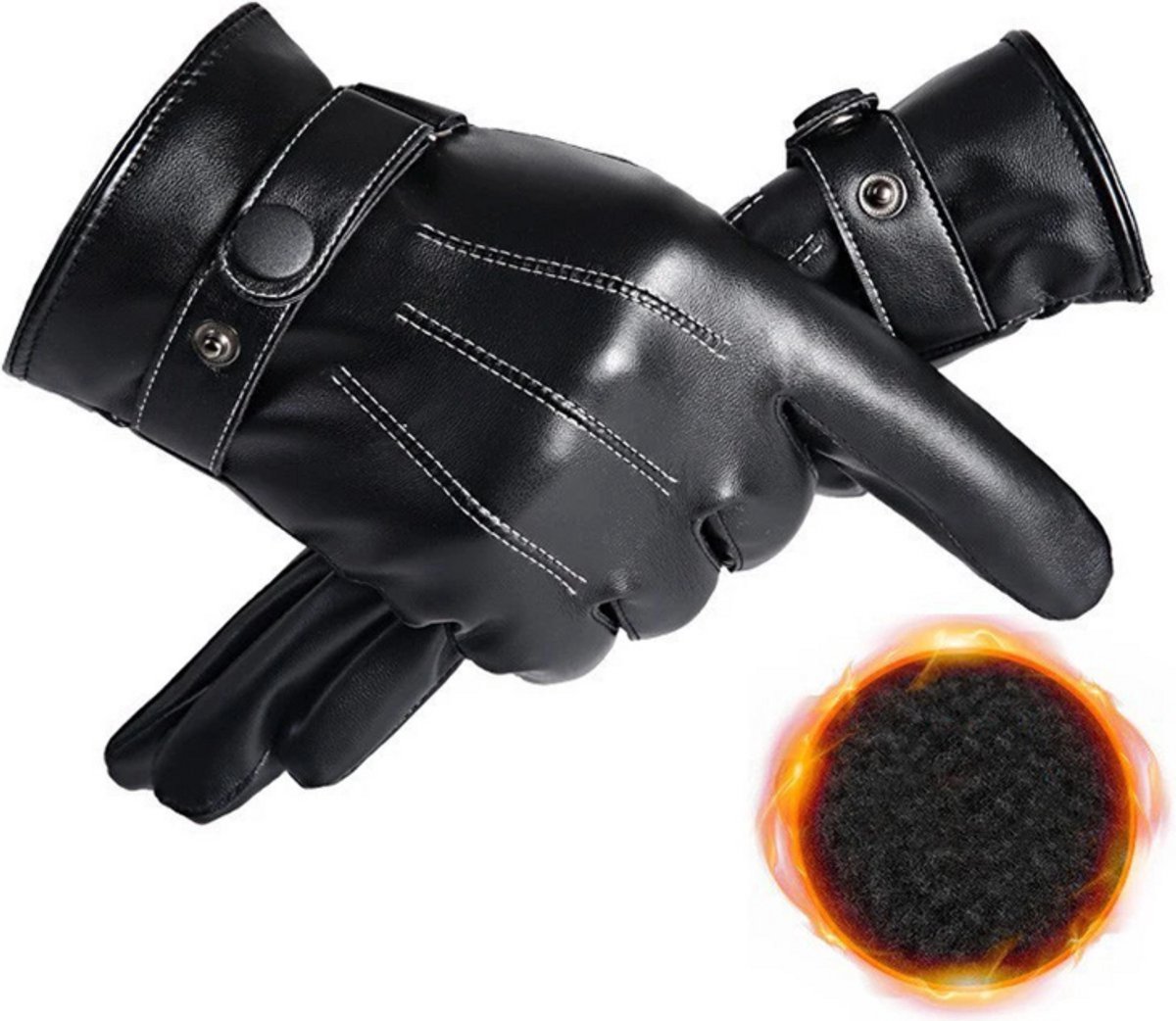 Heren Winterhandschoenen Zwarte PU Leren Warme Wanten Winddichte Rijd- en Ski Handschoenen voor Outdoor Activiteiten