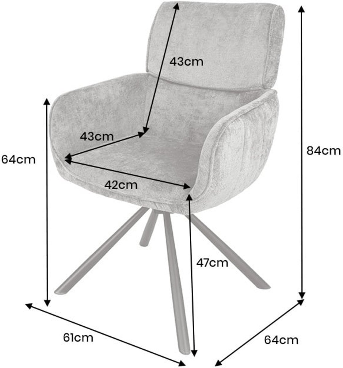 Invicta Interior Draaibare Retro Stoel UNIEK Grijs Chenille Zwart Metalen Frame met Armleuning - 46321 Zie omschrijving
